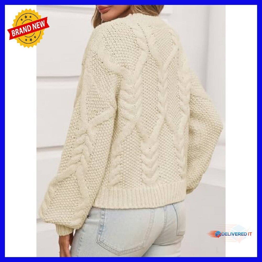 Chunky Cable Knit Cropped Sweater Loose Pullover Long Sleeve Crewneck - Picture 3 of 8